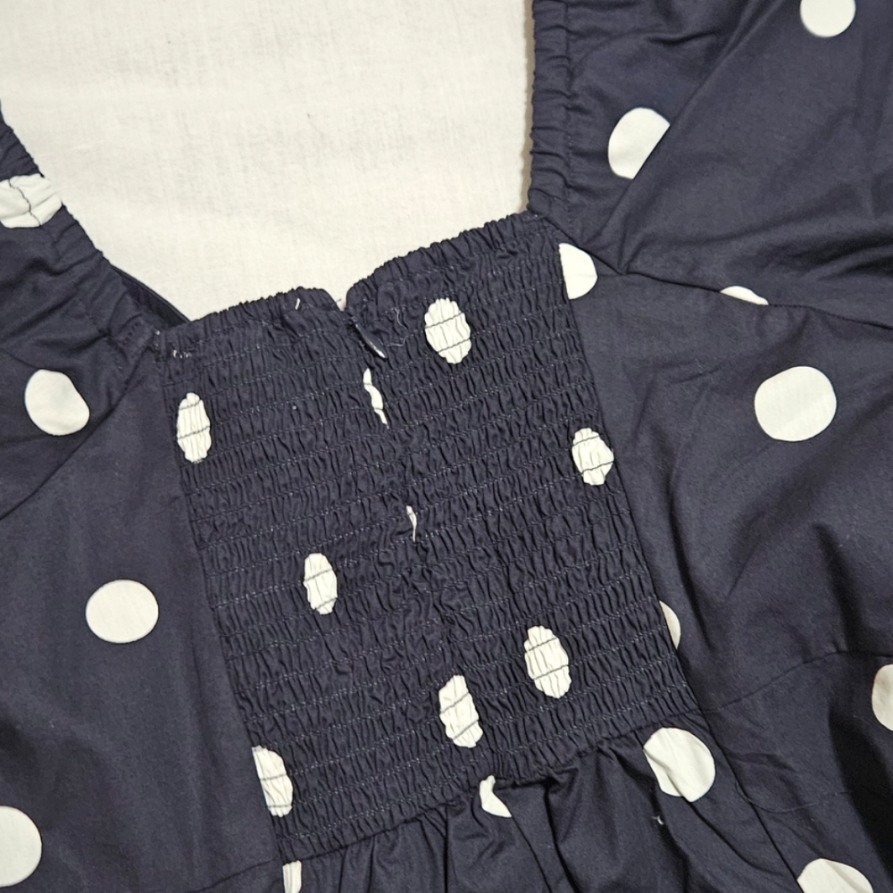 Free Assembly Cotton Polka Dot Maxi Dress Puff Sleeve Navy NWT - Picture 5 of 15